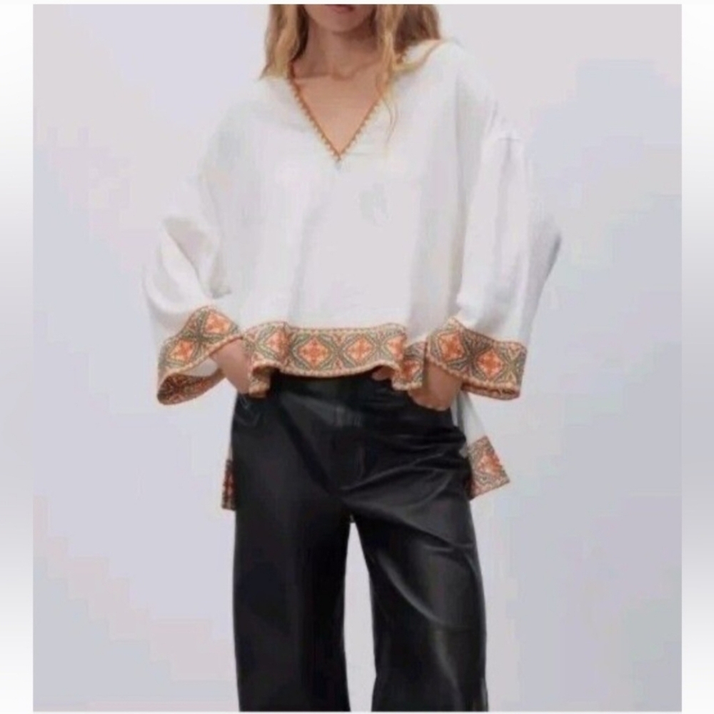ZARA WOMEN'S WHITE EMBROIDERED V NECK BLOUSE SIZE LARGE
